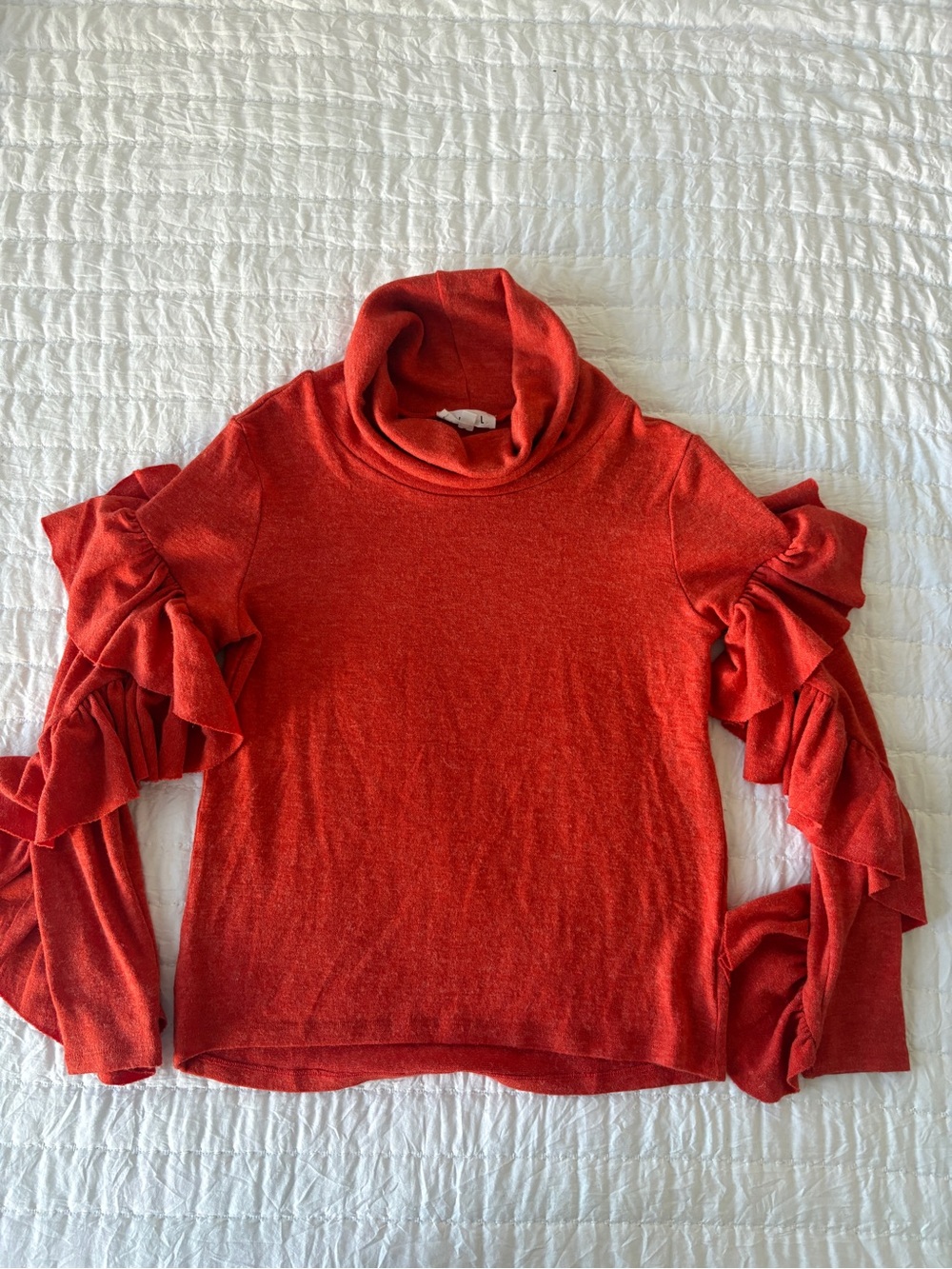 THML Burnt Orange Ruffle Sleeve Cowl Neck Sweater